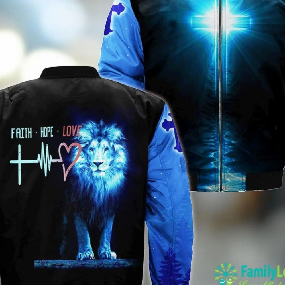 Blue and Black Cross & Lion Graphic Jacket Faith, Hope & Love